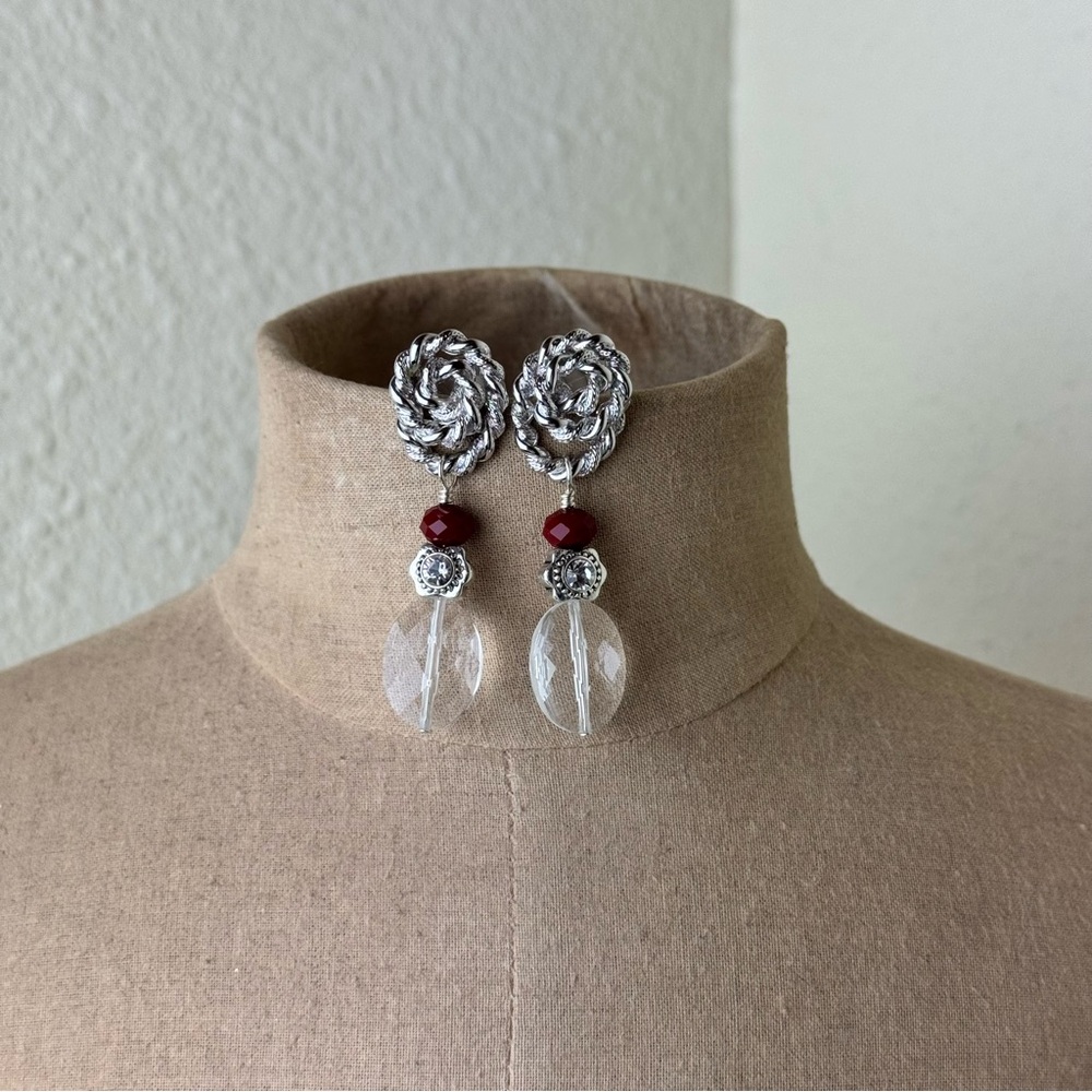 Vintage Upcycled Silver Tone Monet Rope Knot Pierced Earrings with Crystal Drops